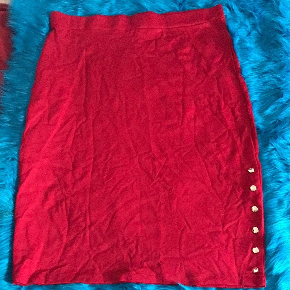 High waisted Red, stretch fabric skirt; 6 gold buttons above knee